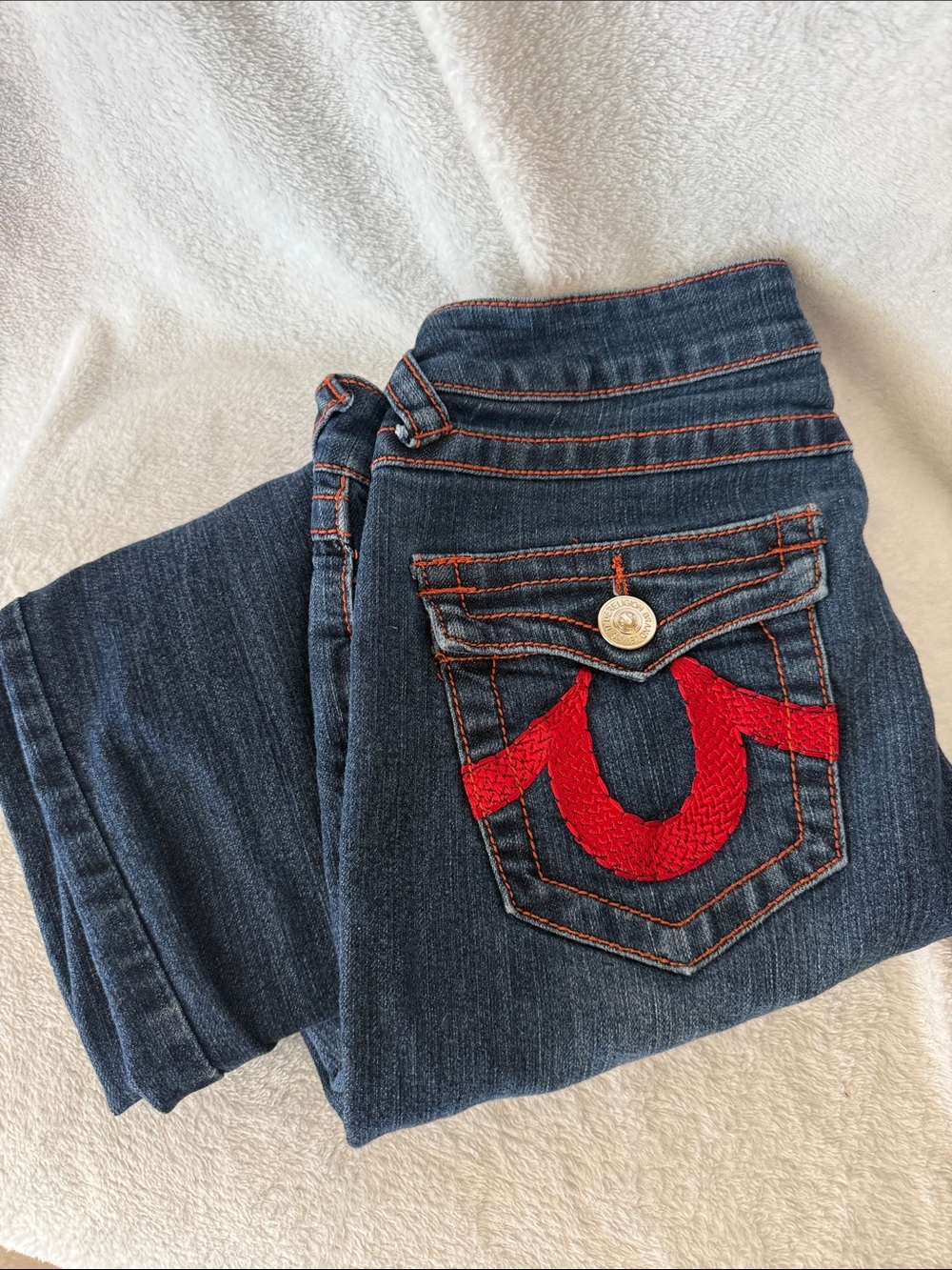 True Religion Women's Dark Blue Bootcut Jeans with Red Embroidered Pocket